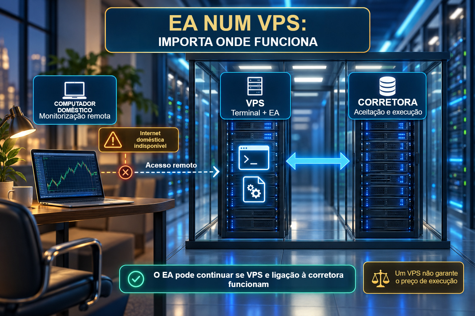 Arquitetura ilustrativa: computador de gestão, VPS com terminal e EA ativos e servidor de negociação do corretor.