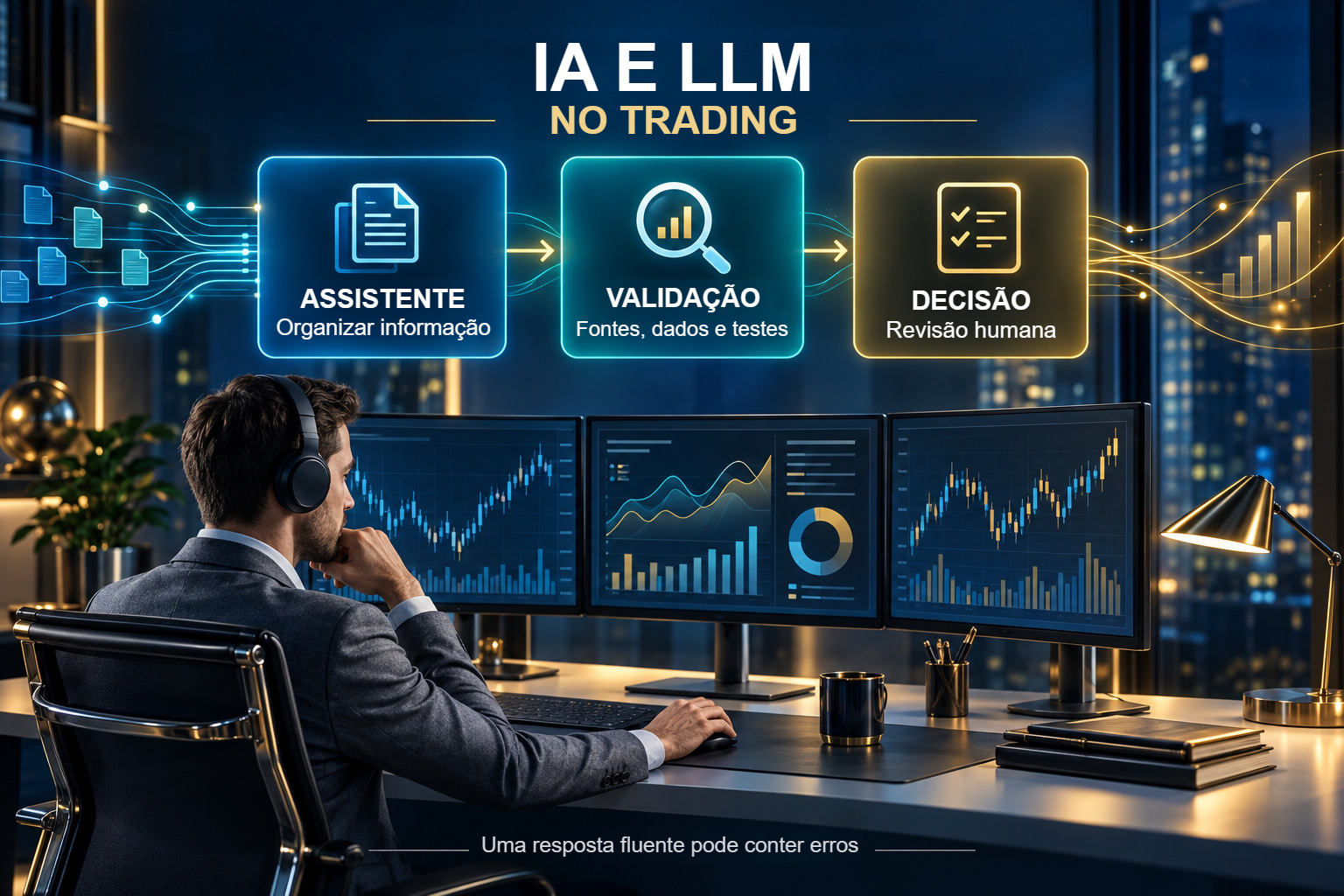 Ilustração conceptual de um modelo de linguagem, verificação de fontes e supervisão humana