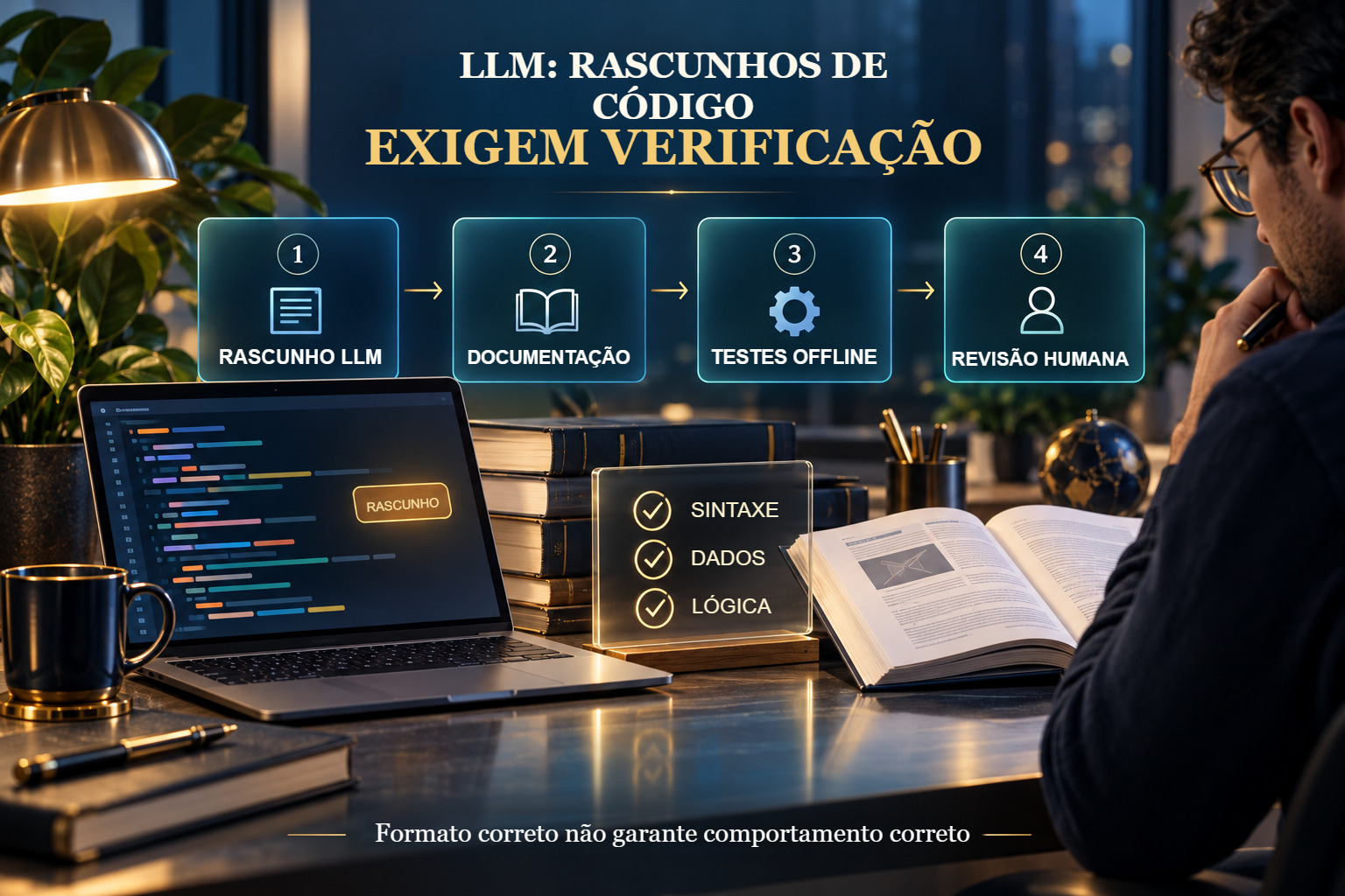 Processo conceptual de validação de código gerado por LLM: rascunho, documentação, testes offline e revisão humana.