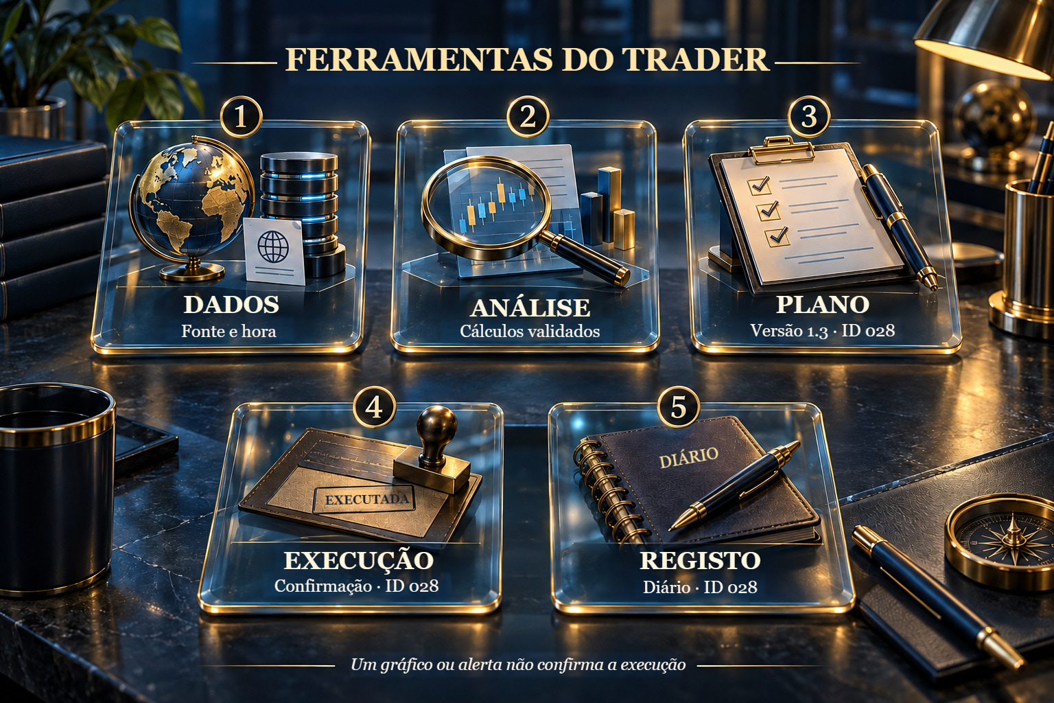 Ferramentas conceptuais do trader: dados, análise, plano, execução e registos ligados por um identificador de decisão.