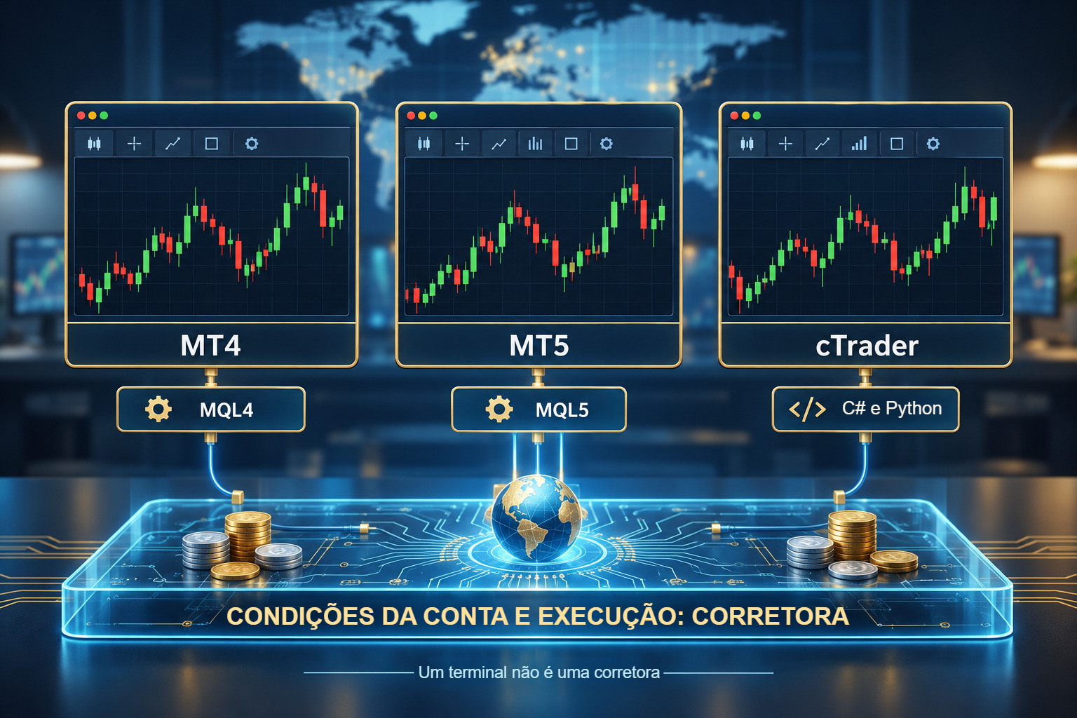 Ilustração conceptual: área de trabalho da plataforma com gráfico, algoritmo e diário