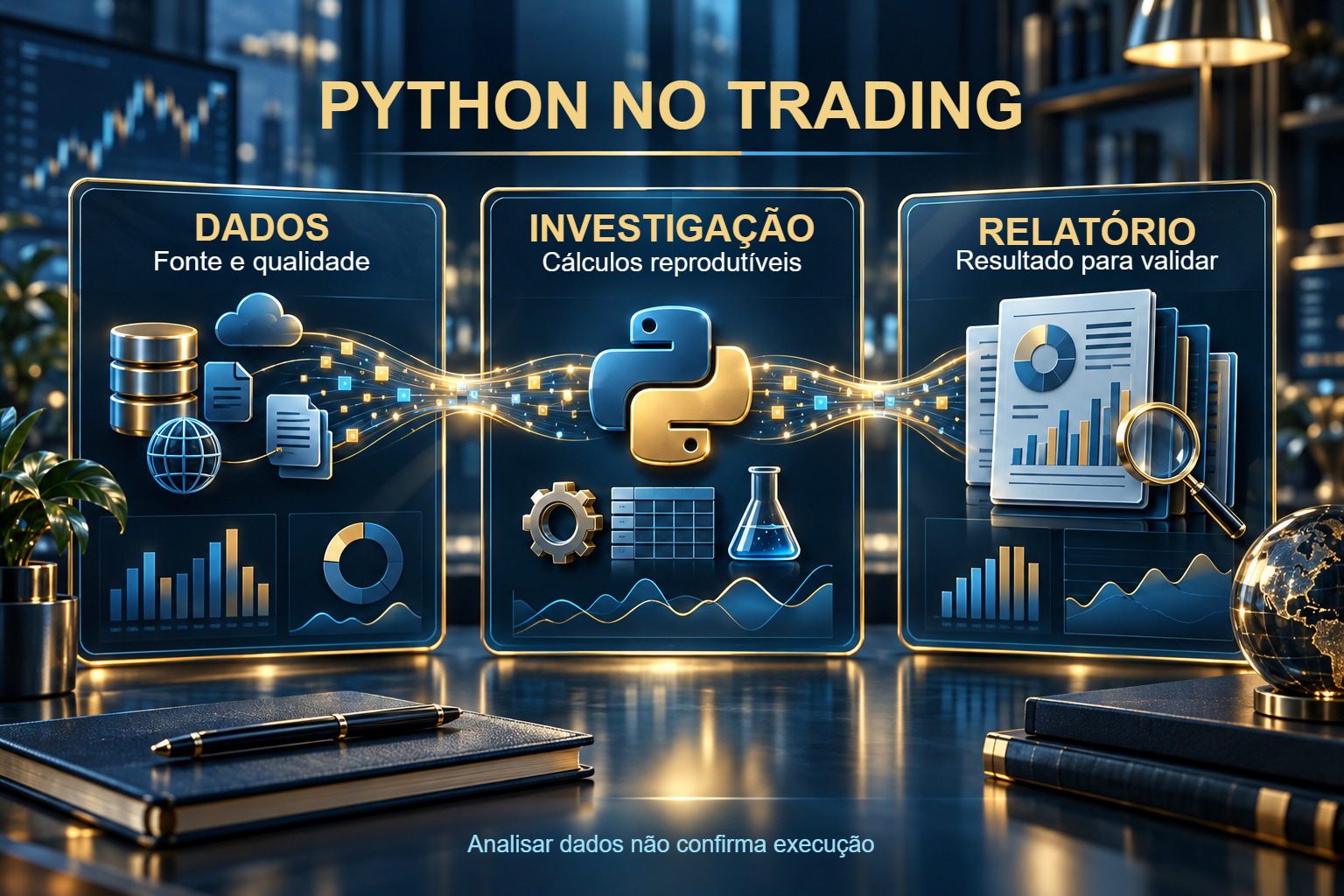 Ilustração conceptual de dados de mercado, código Python e relatório de validação