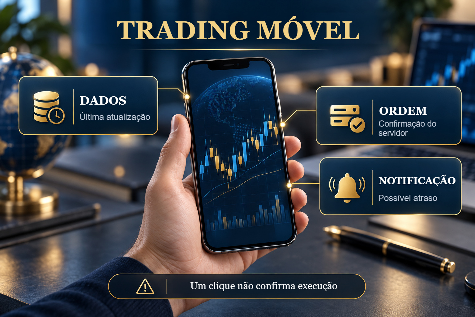 Cena educativa ilustrativa sobre trading móvel.