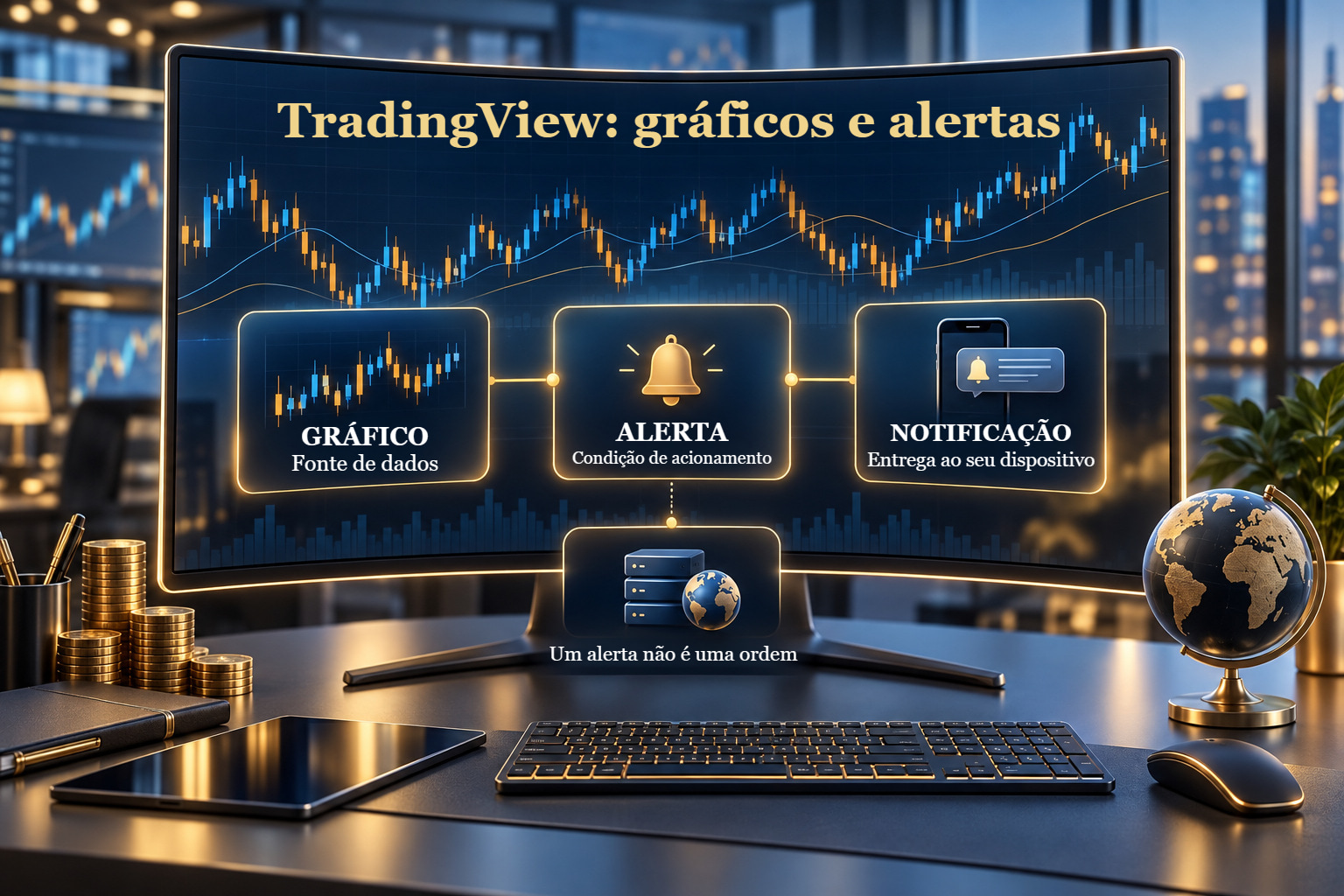 Ilustração conceptual: gráfico e alerta, duas tarefas diferentes