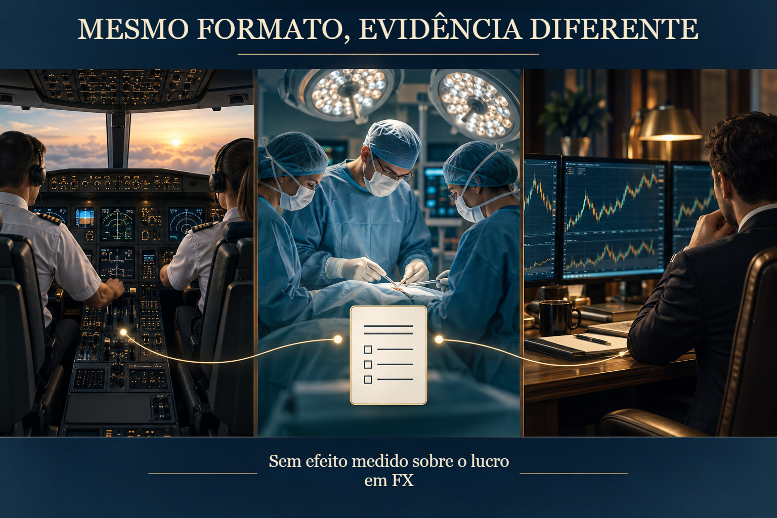 Três contextos distintos para procedimentos: aviação, cirurgia e trading individual.