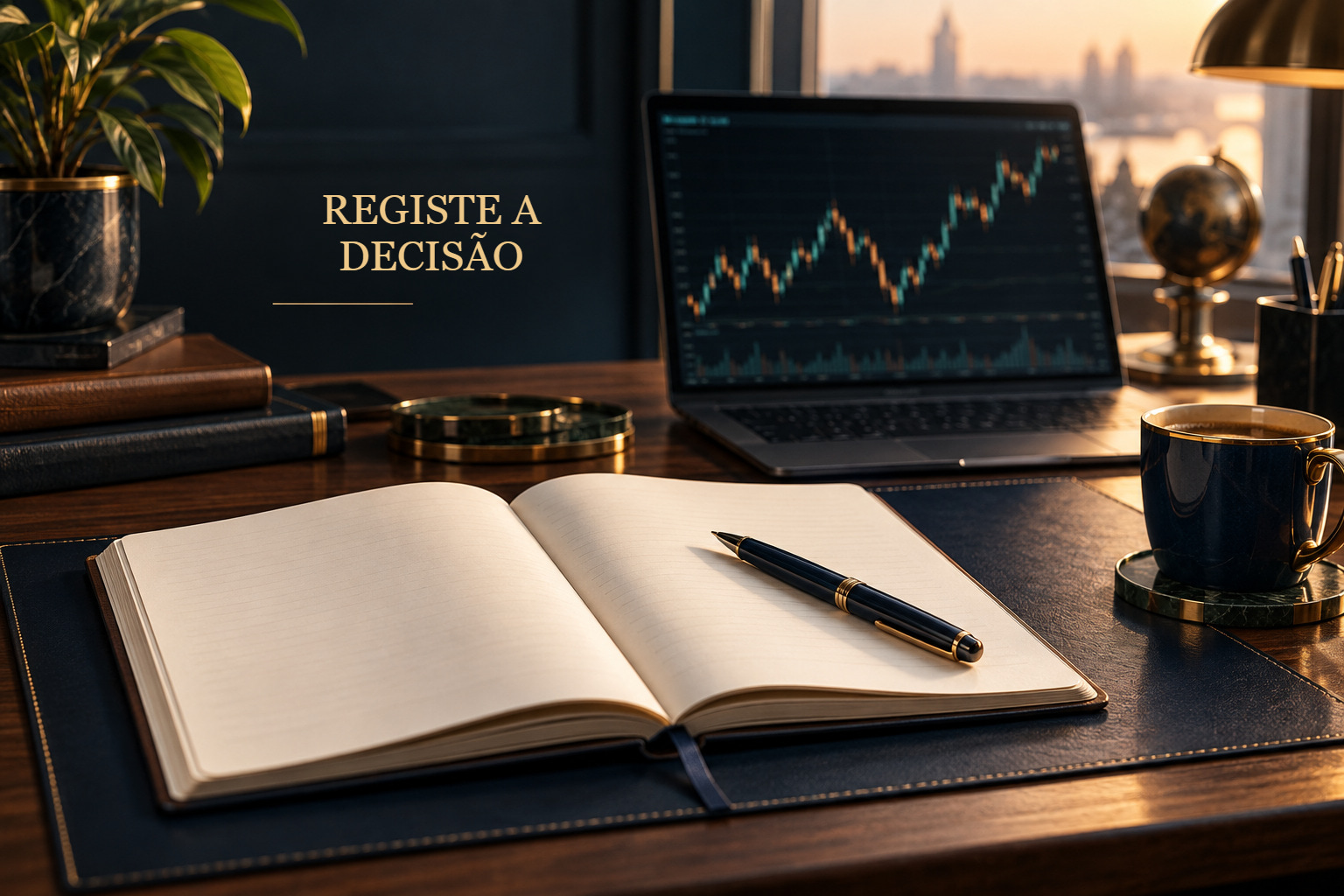 Ilustração de um diário e uma caneta na secretária de um trader, sem apresentar resultados reais de uma conta.
