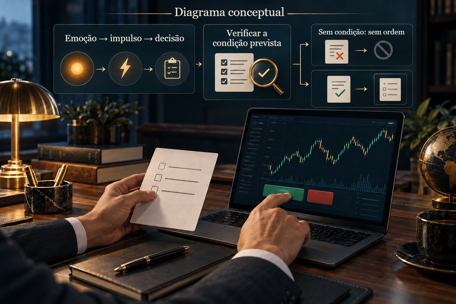 Diagrama emoção–impulso–decisão com uma verificação da condição prevista antes do envio de uma ordem.
