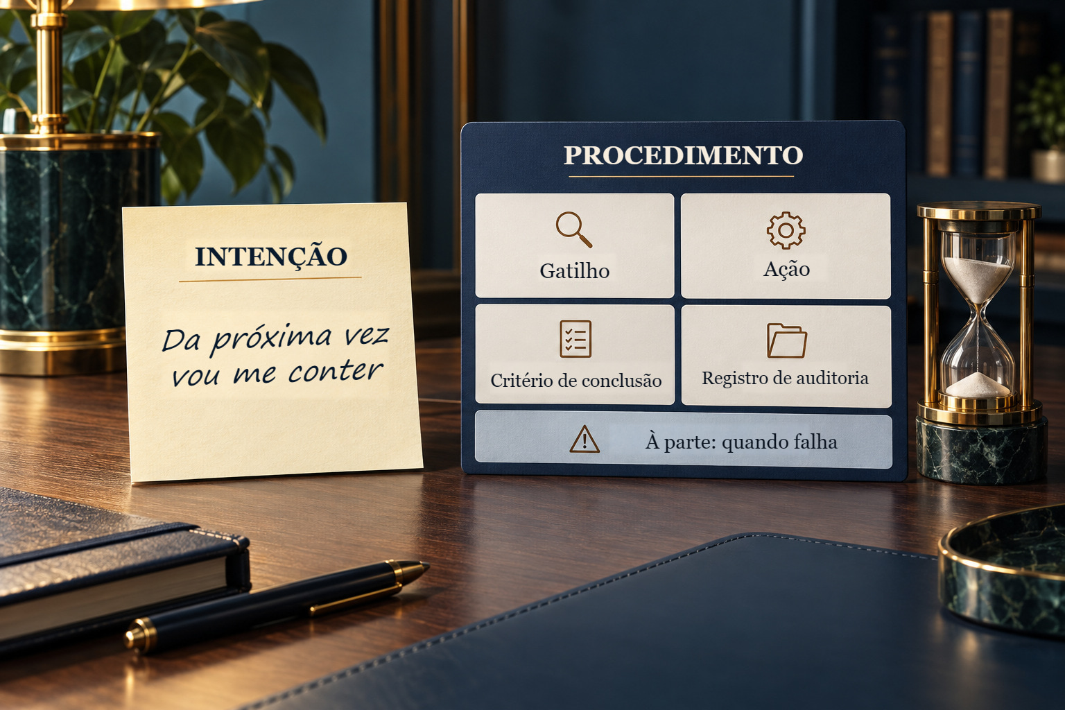 Uma promessa geral comparada com um procedimento: condição de ativação, ação, critério de conclusão e rasto de auditoria; o critério de falha surge separadamente