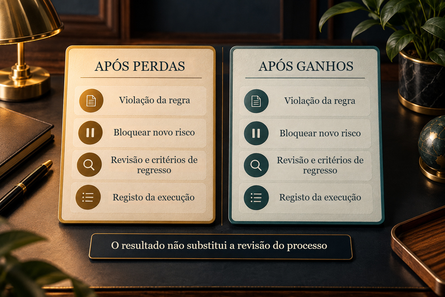 Duas fichas lado a lado, após perdas e ganhos: infração, bloqueio de novo risco, revisão, critérios de regresso e registo da execução.