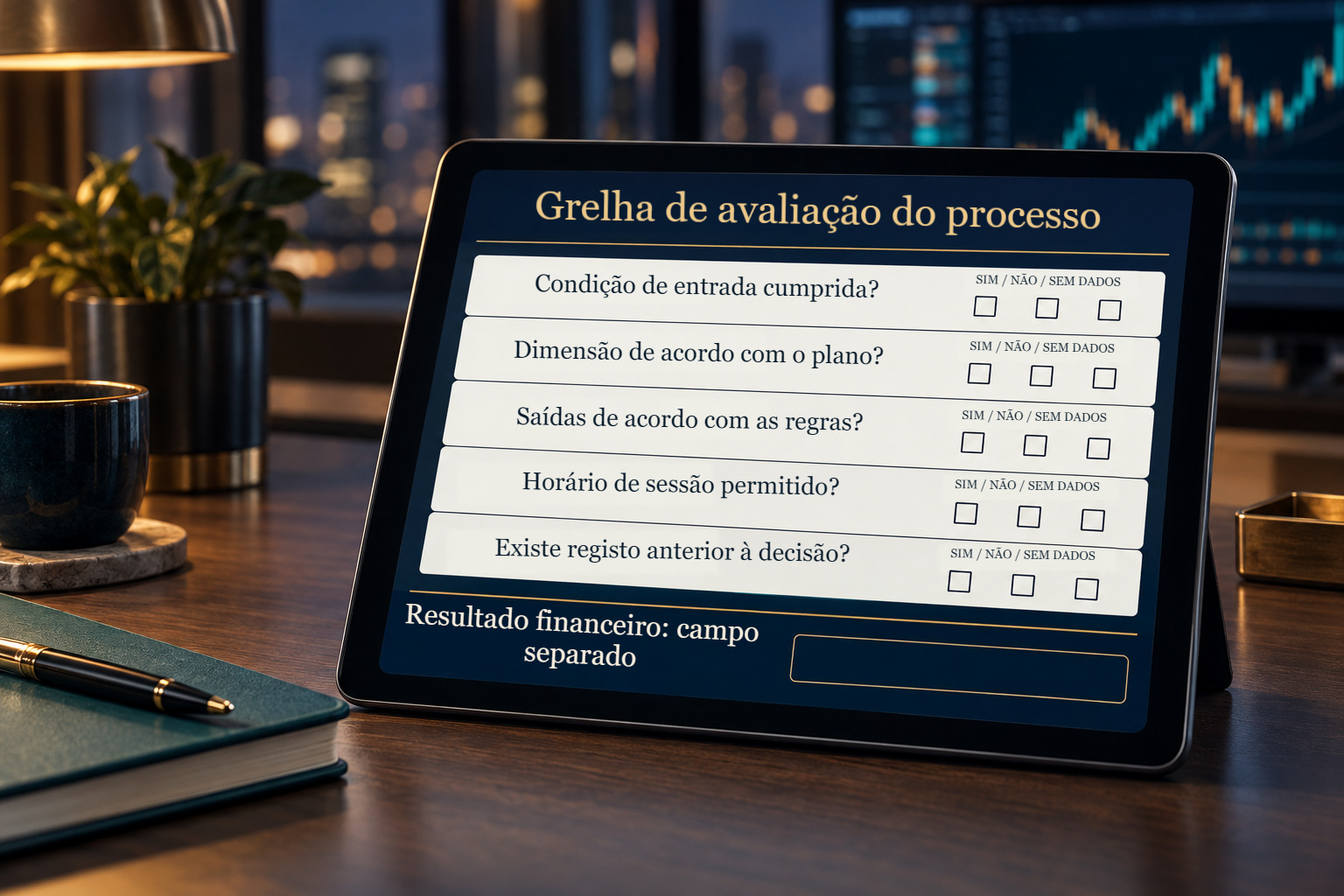 Cinco critérios observáveis do processo com respostas sim, não ou dados em falta; o resultado financeiro é registado separadamente.