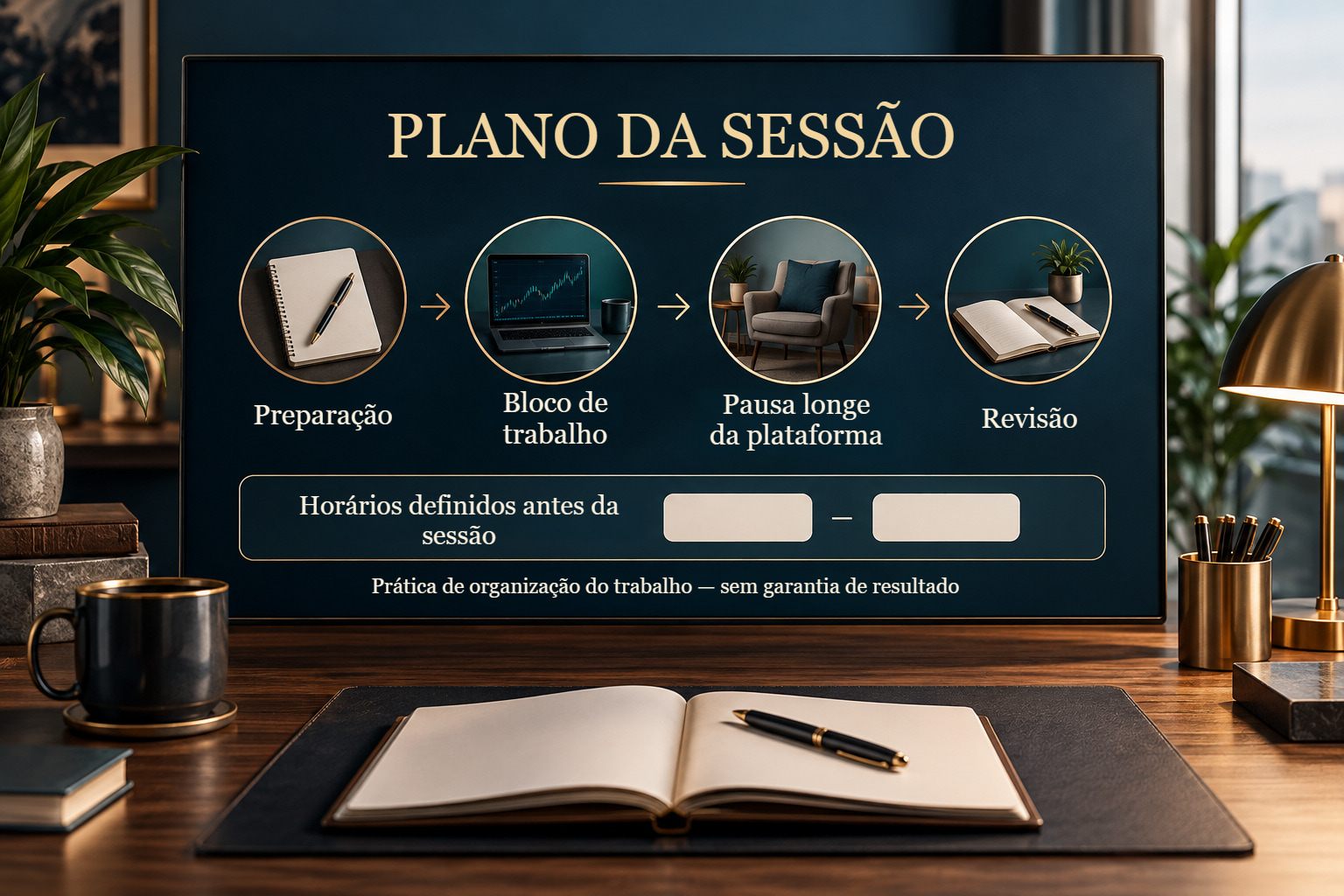 Plano de sessão numa secretária: preparação, trabalho, pausa longe da plataforma e revisão, com espaços em branco para os horários.