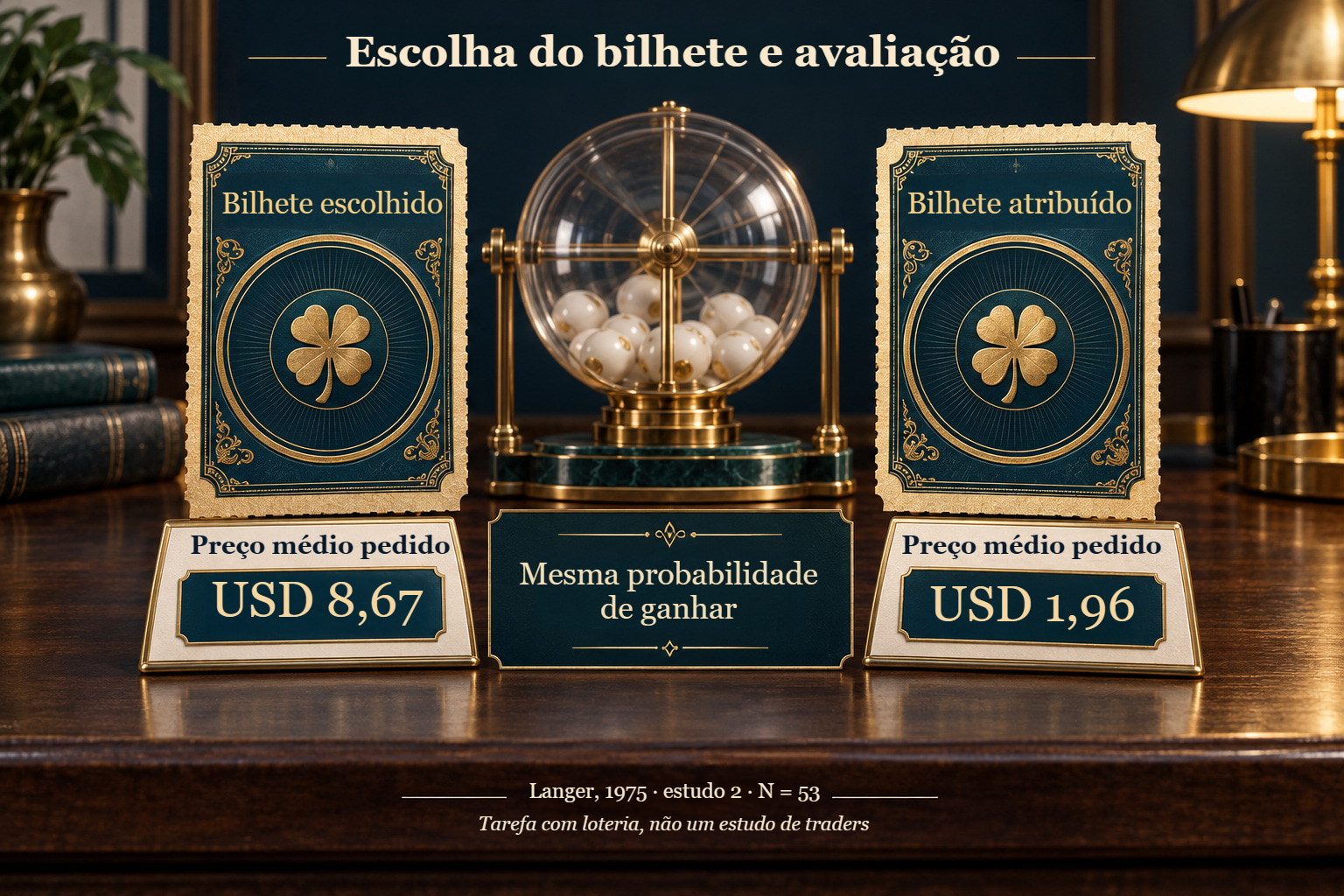 Bilhetes escolhidos e atribuídos. Preços médios pedidos para revenda em Langer (1975), estudo 2: USD 8,67 e USD 1,96. A probabilidade de ganhar era igual.