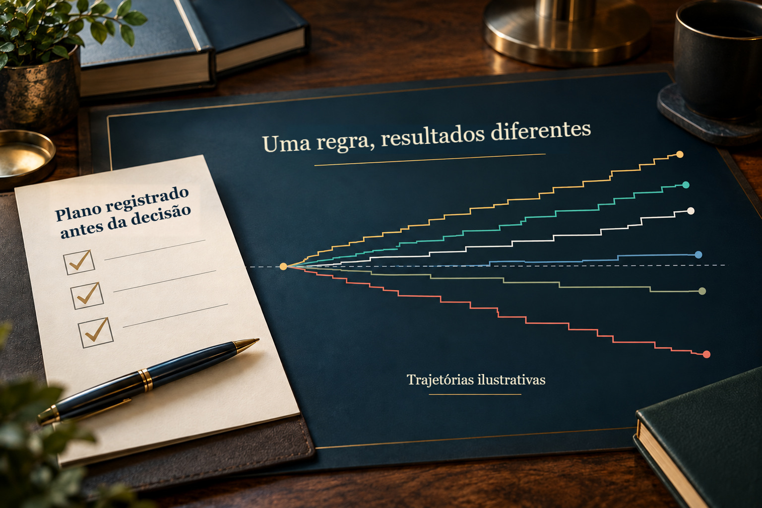 Um plano registado antes da decisão e trajetórias ilustrativas divergentes; o mesmo plano não garante um resultado individual.