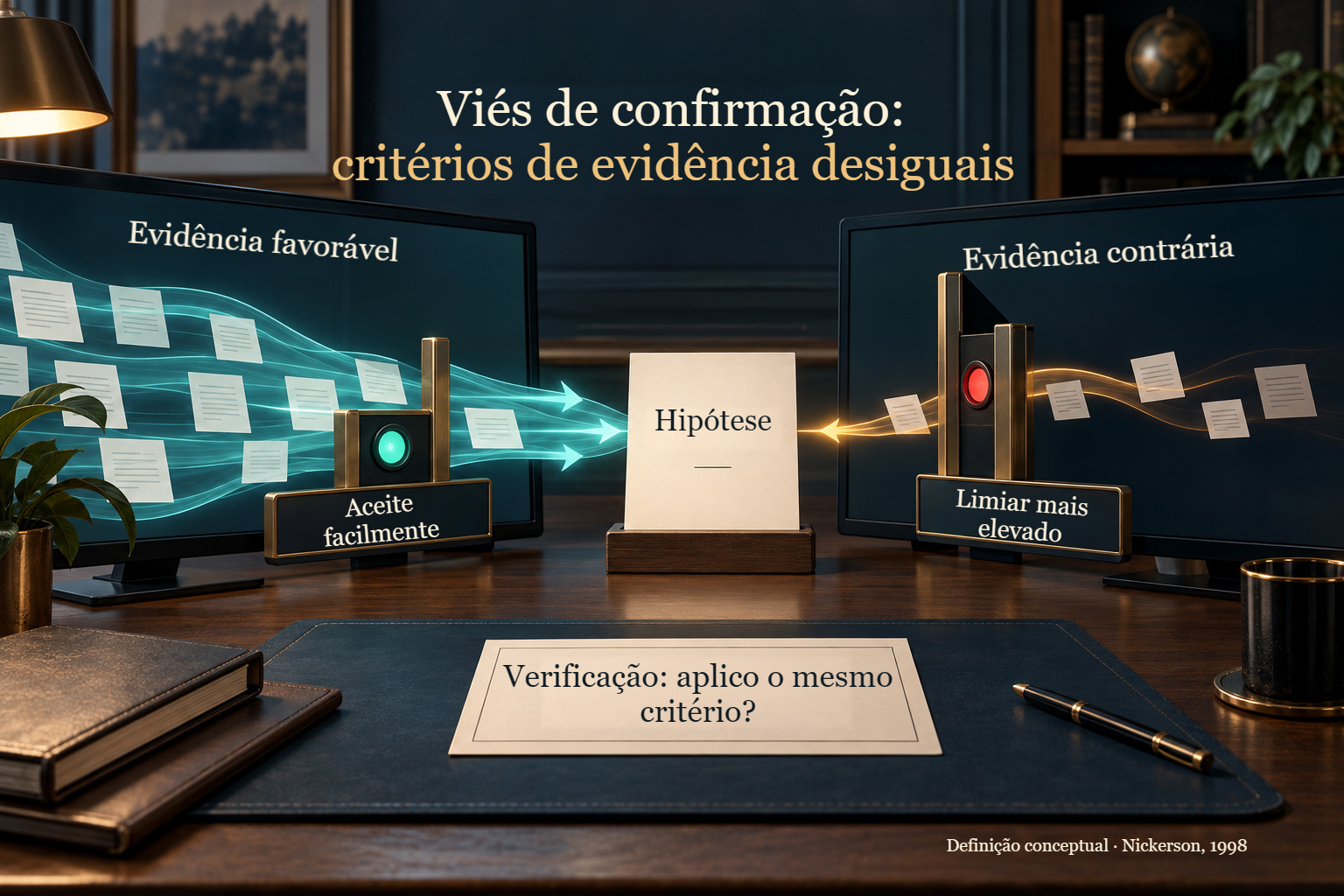 Diagrama do enviesamento de confirmação: aceita-se mais facilmente evidência favorável do que contrária à mesma hipótese; verifique se é aplicado o mesmo padrão de qualidade.