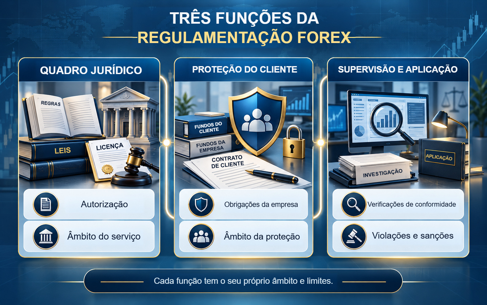Três funções regulamentares distintas: quadro jurídico, proteções específicas dos clientes e aplicação pela supervisão.