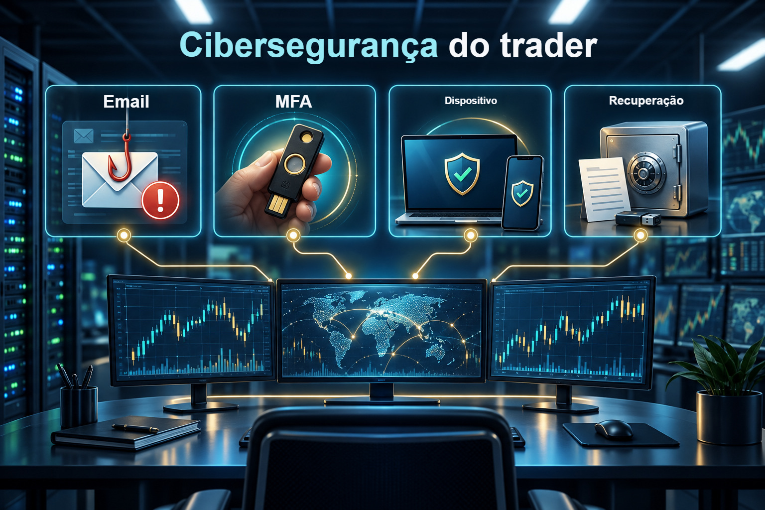 Camadas de cibersegurança do trader: email, autenticação multifator, dispositivo e recuperação da conta.