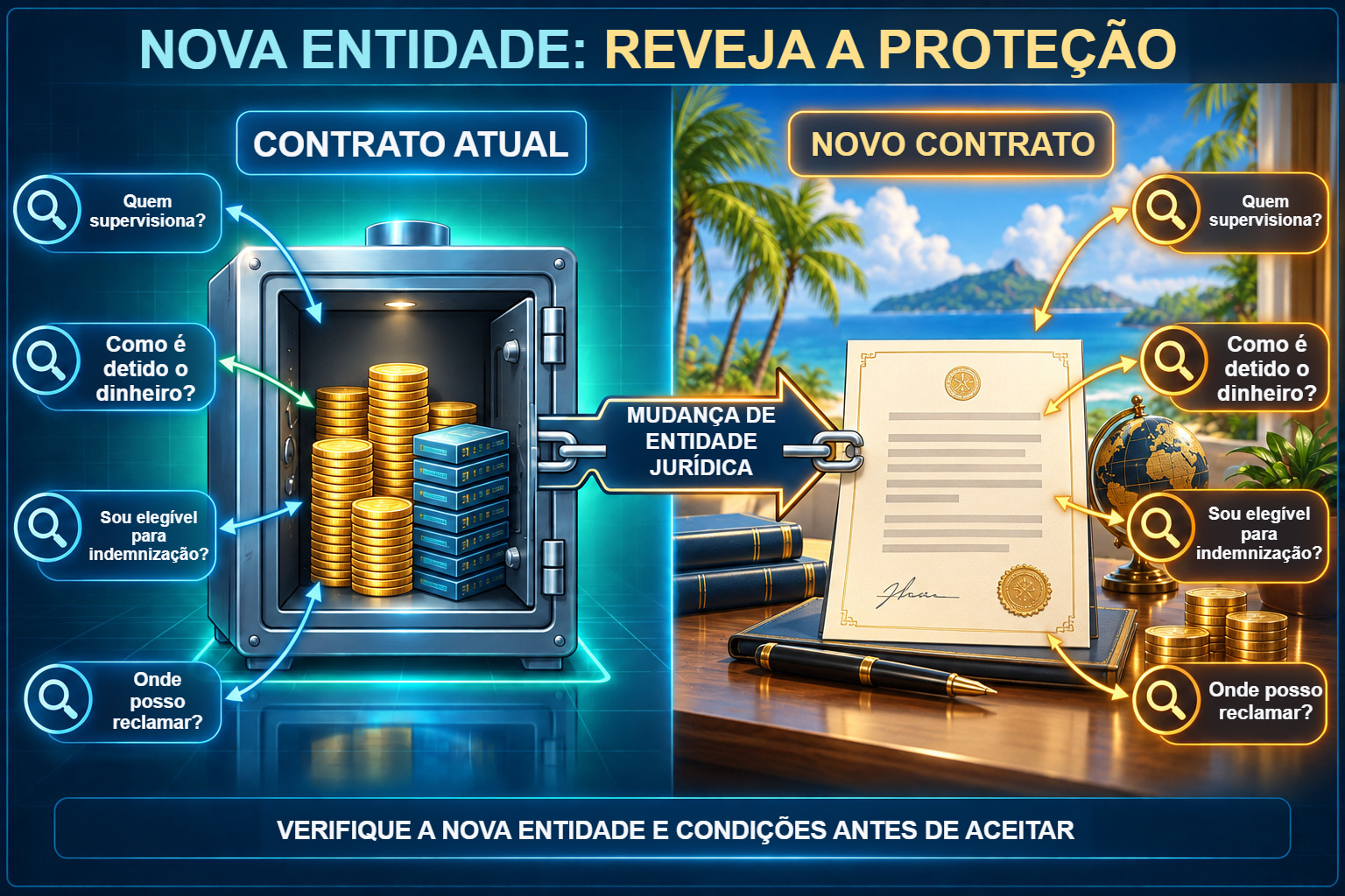 Comparar os contratos atual e novo ao transferir uma conta para outra entidade jurídica.