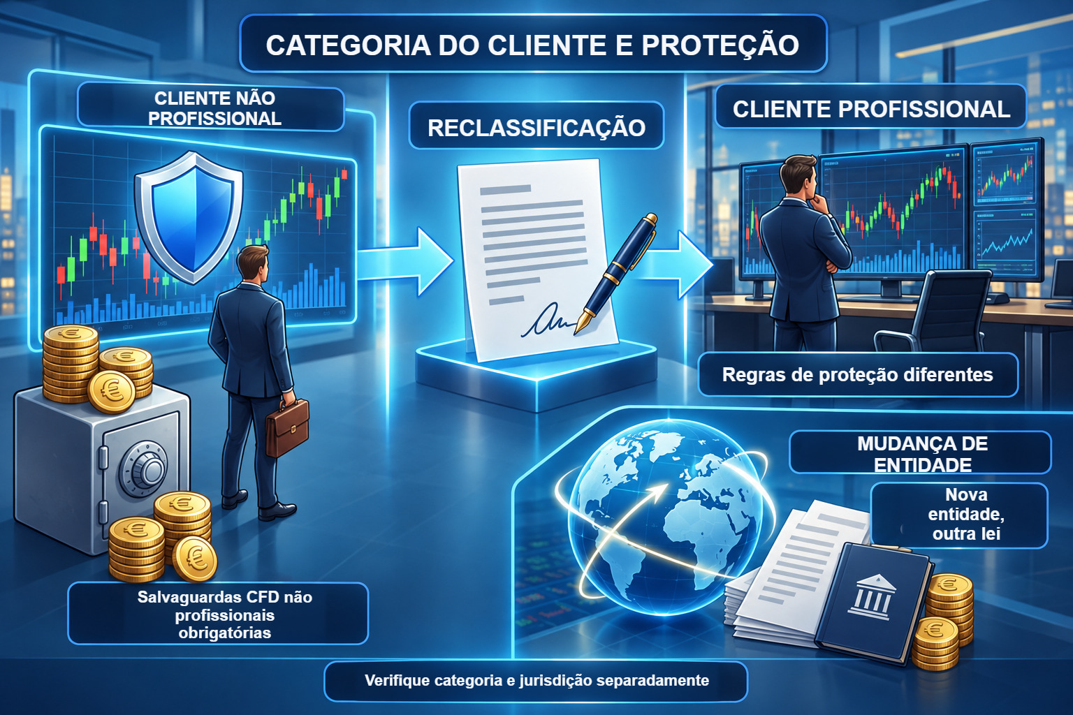 Reclassificação do cliente e mudança de entidade jurídica mostradas como processos separados.
