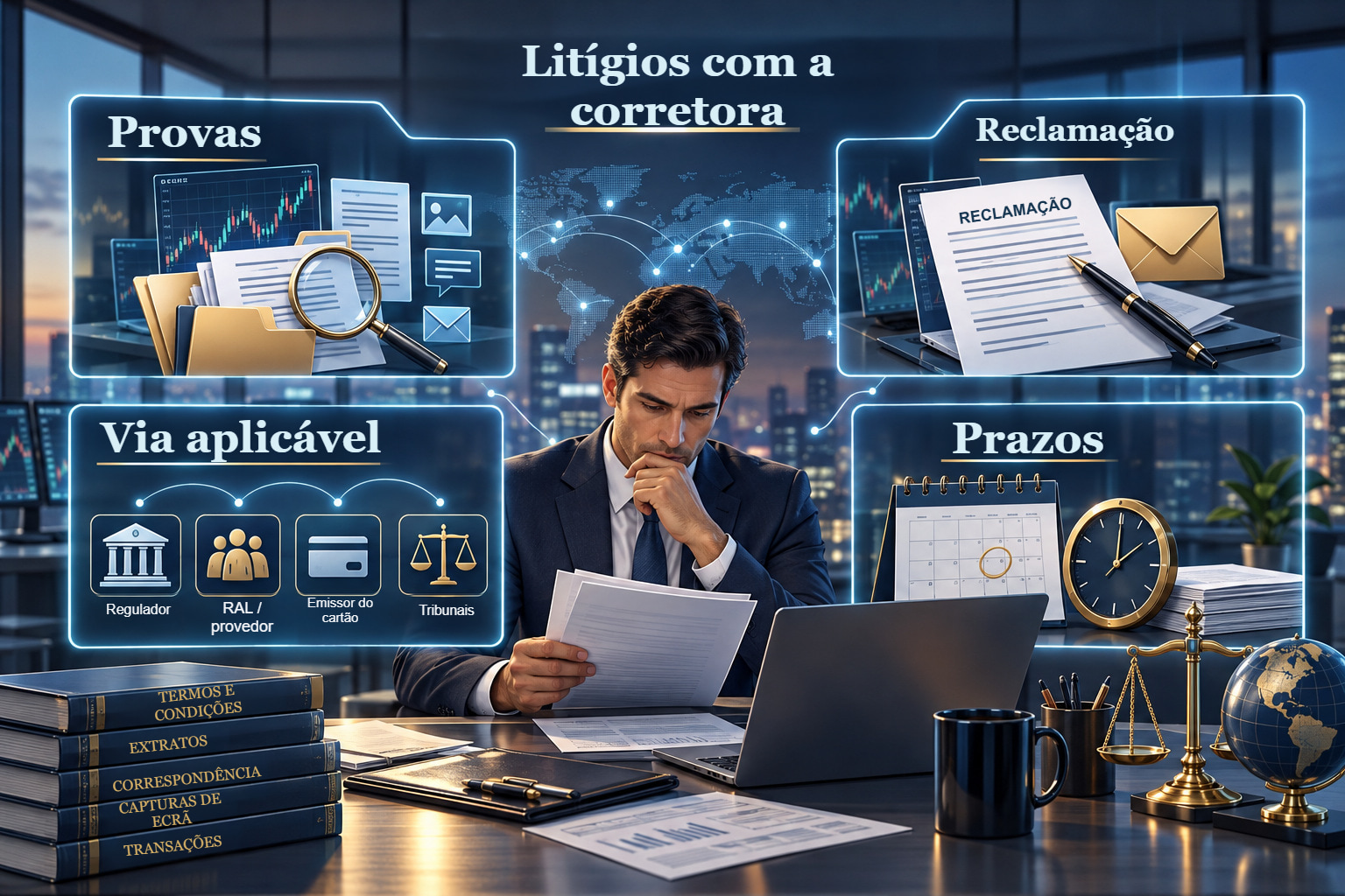 Ilustração detalhada de um litígio: provas, reclamação formal, prazos e via aplicável.