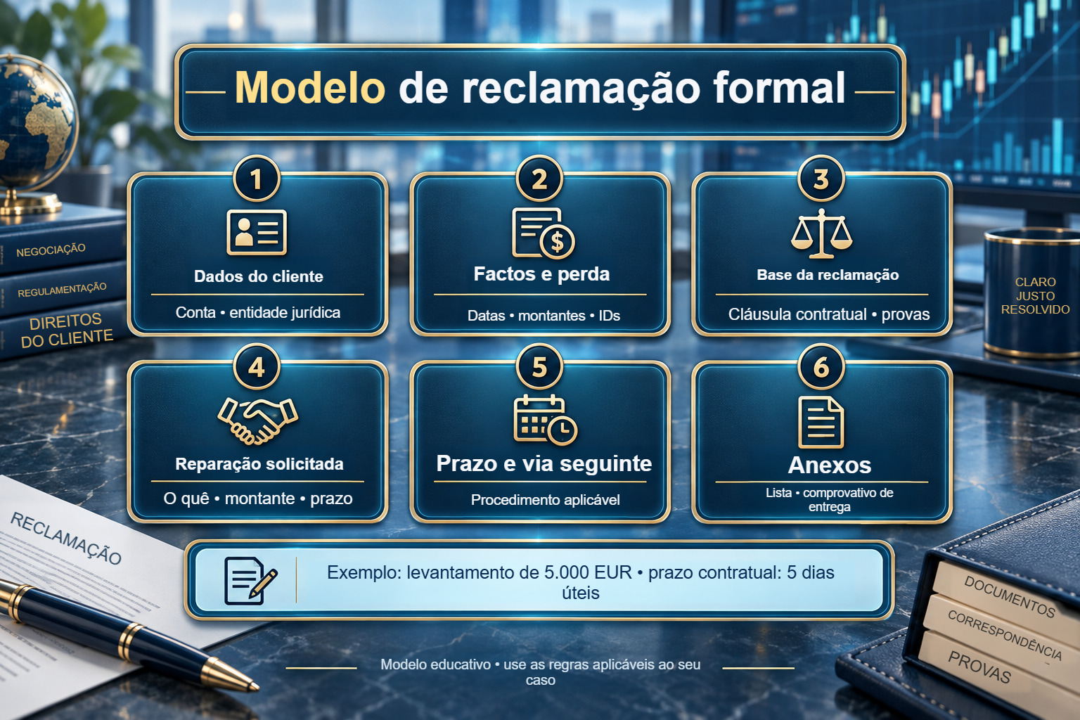 Seis partes de uma reclamação formal, com levantamento ilustrativo de EUR 5.000 e prazo contratual de cinco dias úteis.