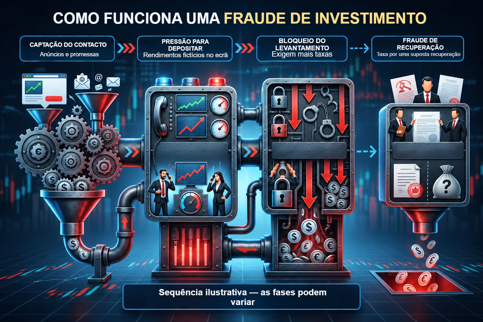 Mecanismo ilustrativo de fraude desde a recolha de contactos e pressão para depositar até ao levantamento bloqueado.