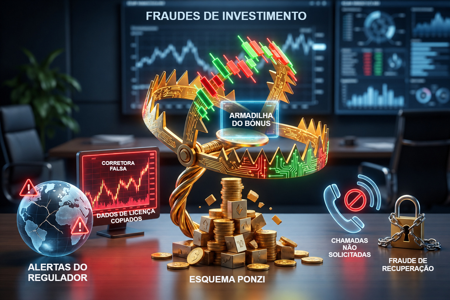 Metáforas de fraudes de investimento: corretora falsa, armadilha de bónus, esquema Ponzi e fraude de recuperação.