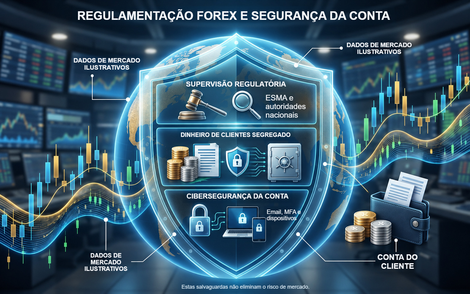 Supervisão, fundos segregados e cibersegurança do trader apresentados como camadas distintas em redor de uma mesa de negociação.