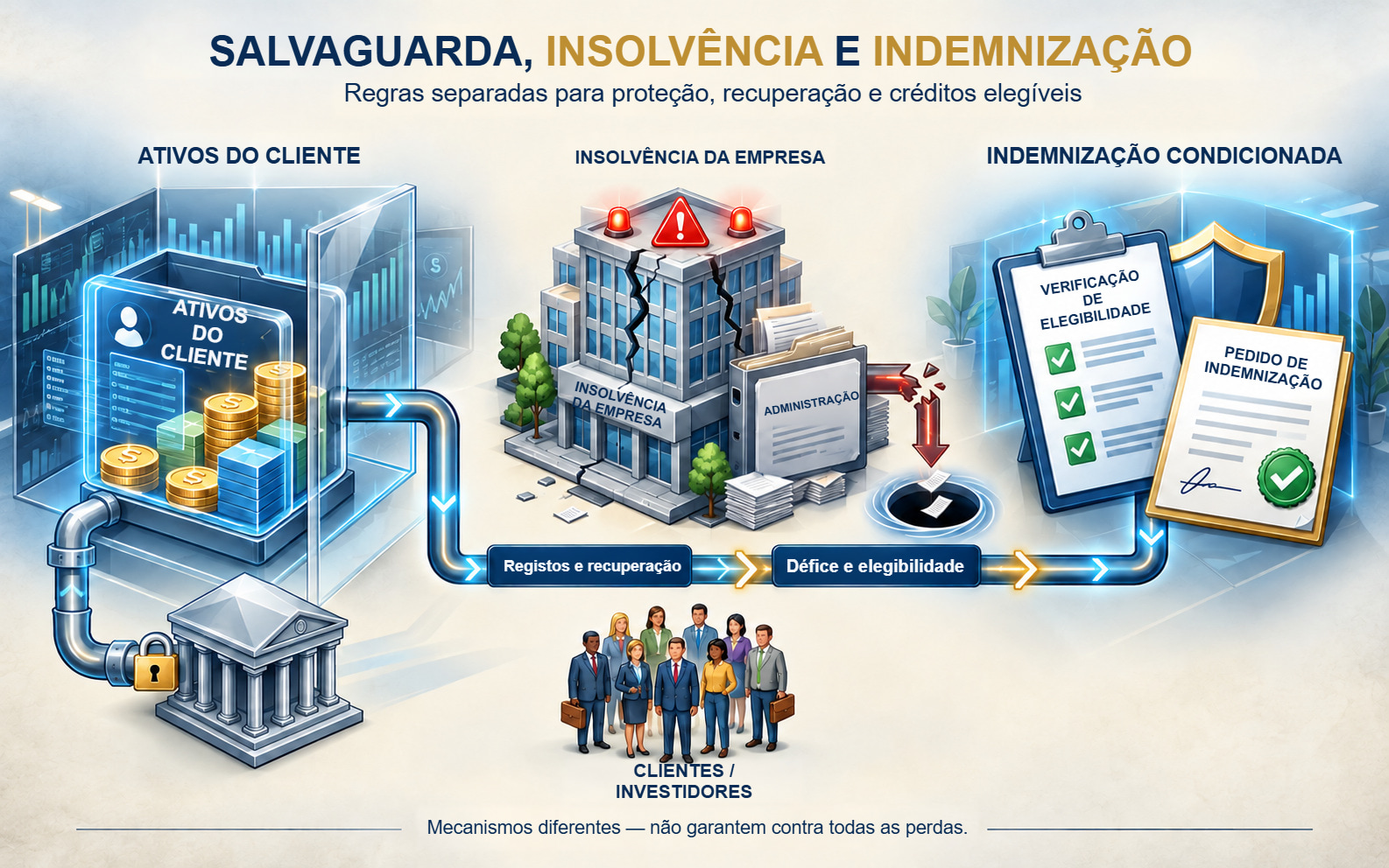Ativos dos clientes, insolvência da empresa e indemnização condicionada ilustrados como três mecanismos distintos.
