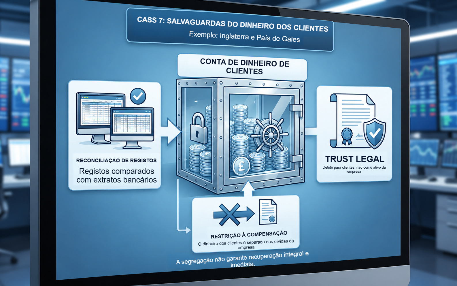 Uma conta de dinheiro dos clientes CASS 7, registos reconciliados, um trust legal e uma restrição ao uso de dinheiro dos clientes para dívidas da empresa.