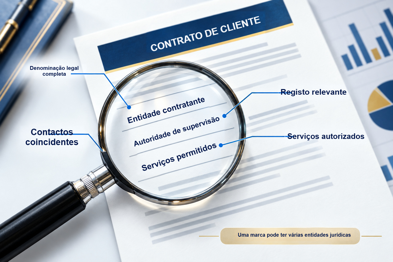 Contrato do cliente sob uma lupa: denominação jurídica, supervisor, serviços e contactos.