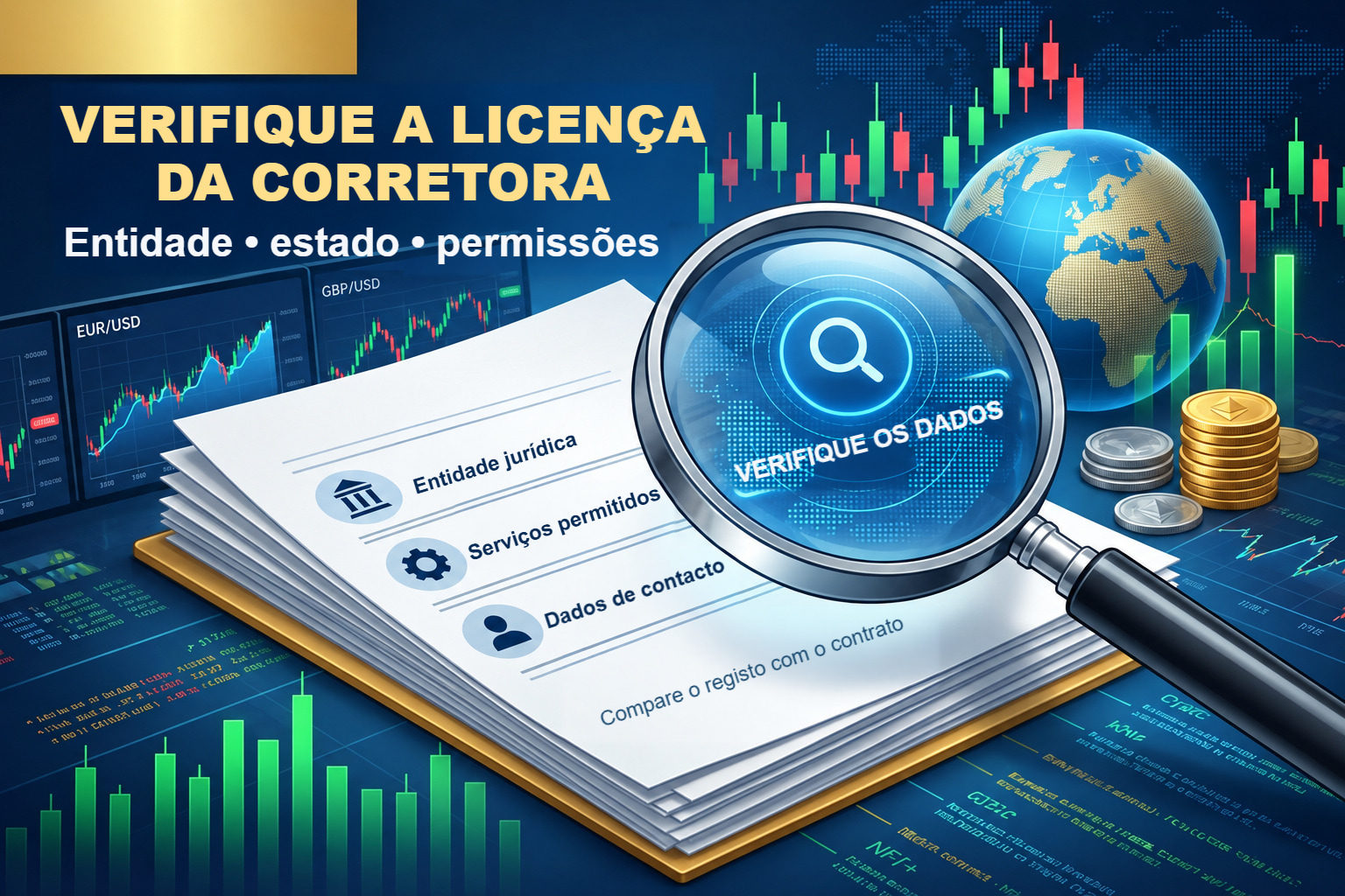 Lupa sobre um documento: verificar entidade jurídica, estado e permissões da corretora.