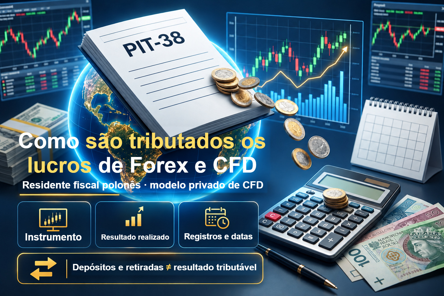 Documentos, calculadora e tela de negociação identificando instrumento, resultado realizado e datas de um exemplo fiscal polonês de CFD privado.