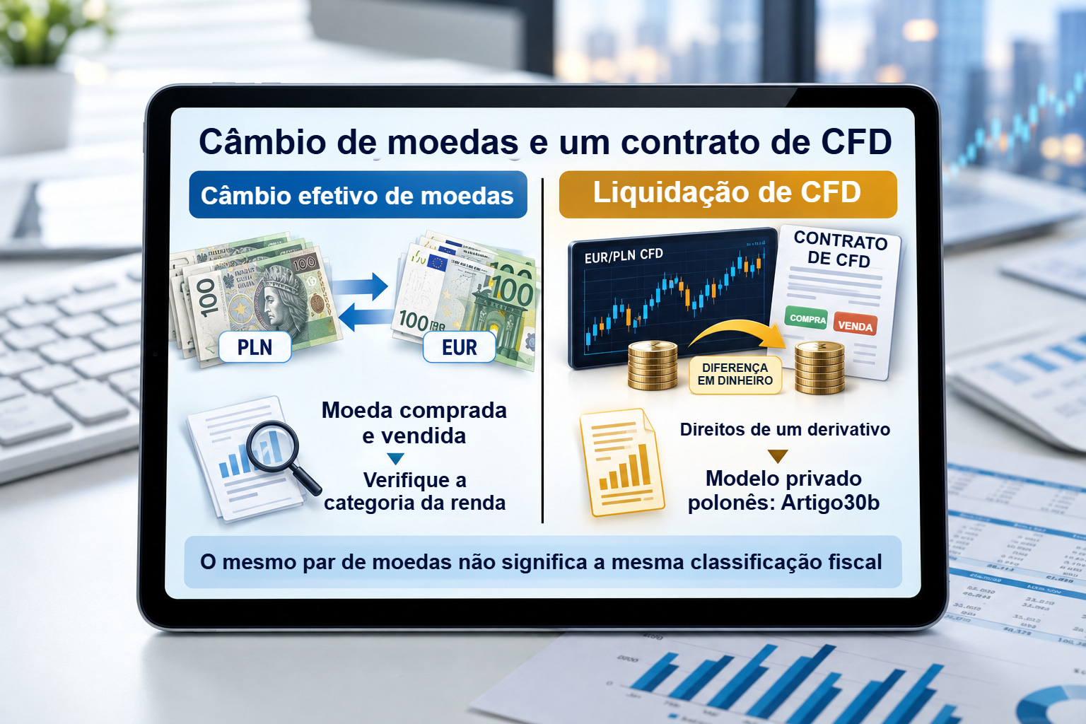 Câmbio efetivo comparado à liquidação monetária de CFD do mesmo par.