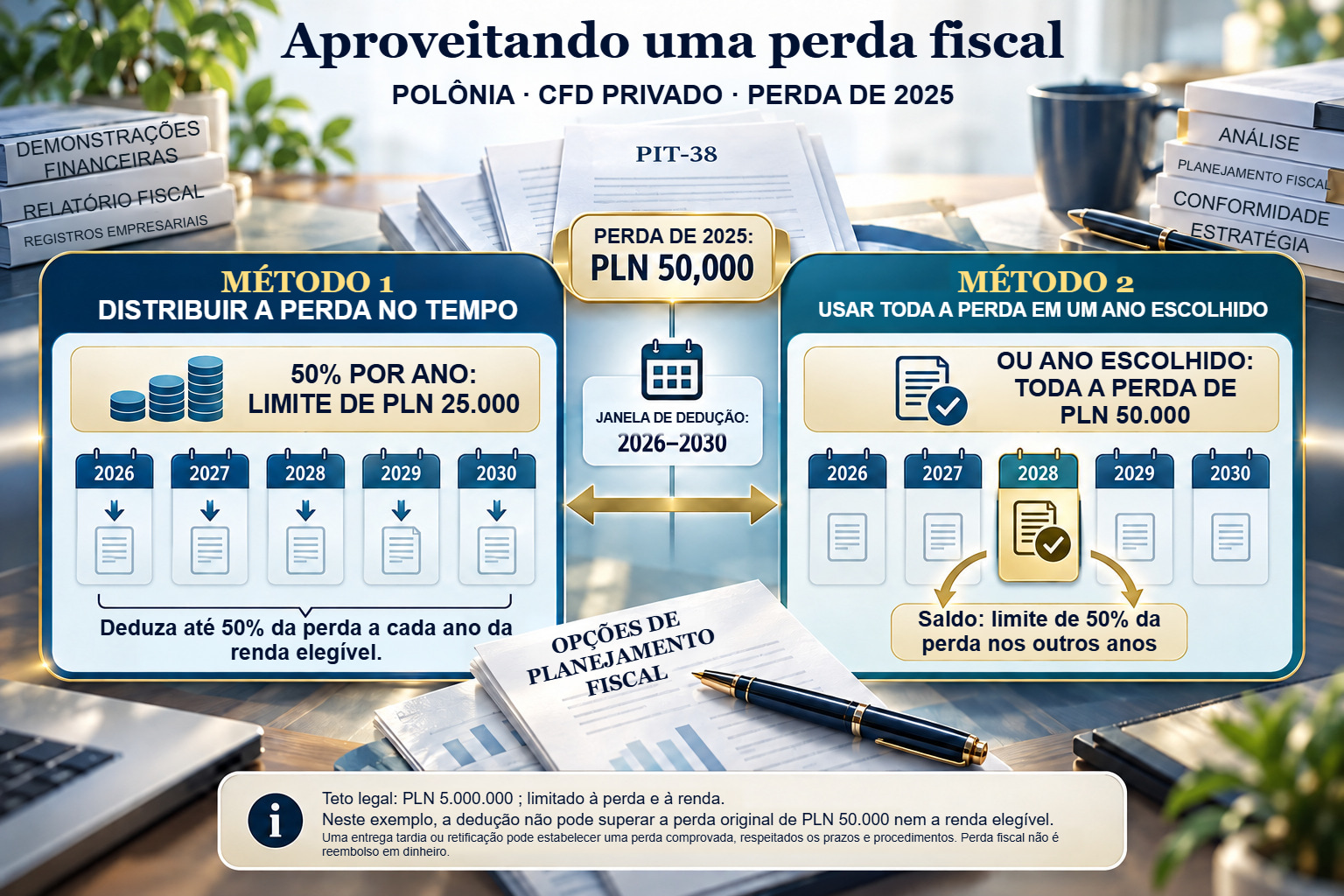 Perda PLN 50.000 em 2025: janela 2026–2030 e dois métodos de dedução