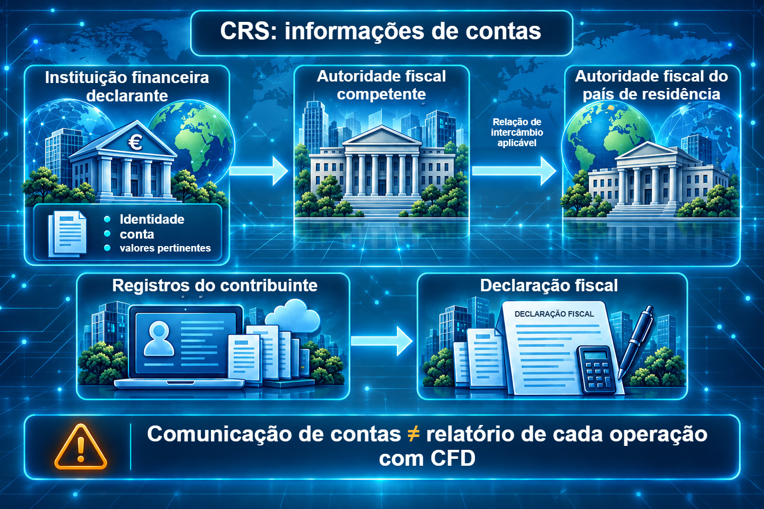Uma instituição declarante e duas administrações fiscais competentes trocam informações de contas abrangidas por uma relação aplicável, ao lado de um fluxo separado de registros do contribuinte.