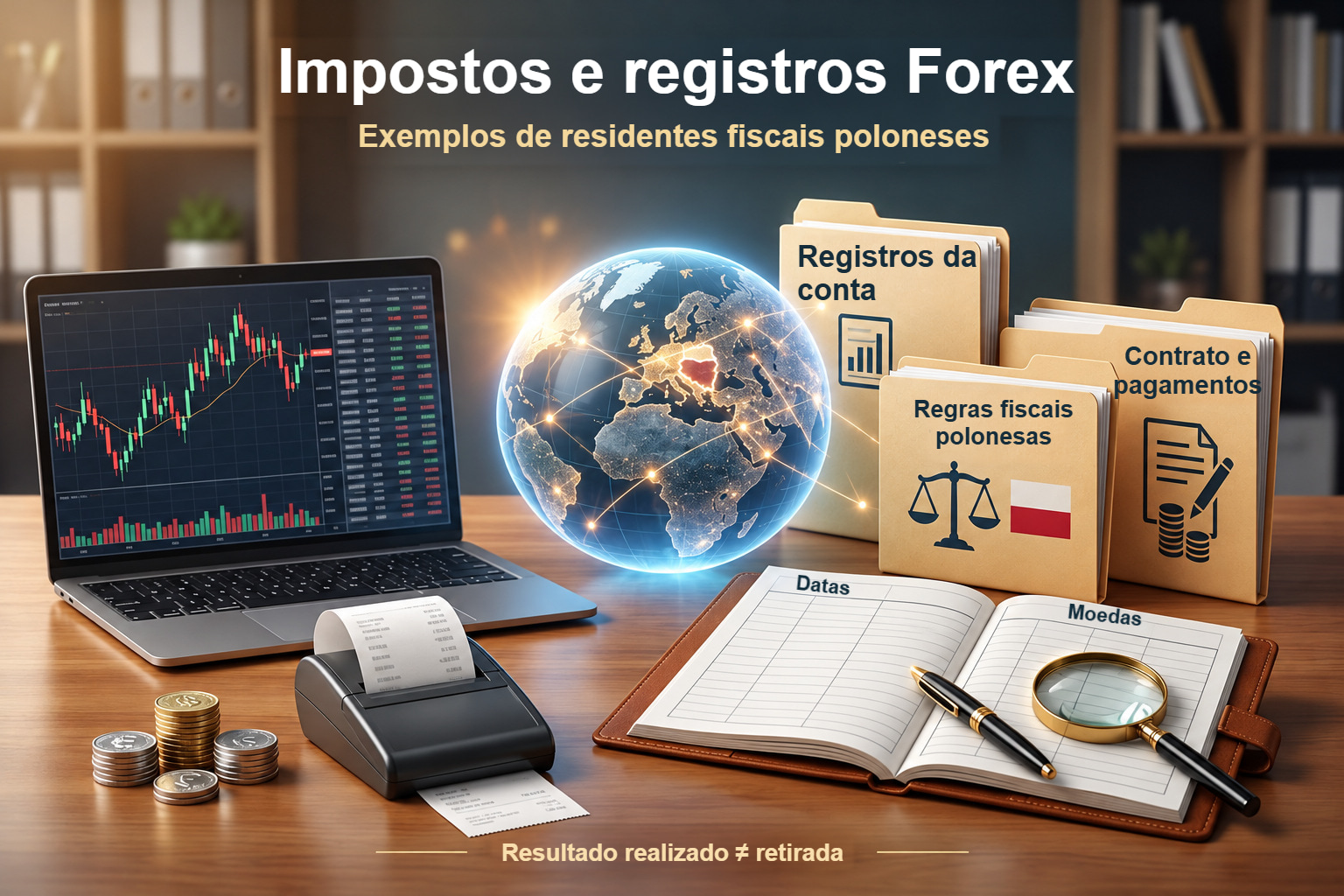 Registros de conta, documentos fiscais poloneses e um livro de registros organizados em torno de um globo numa mesa de negociação.