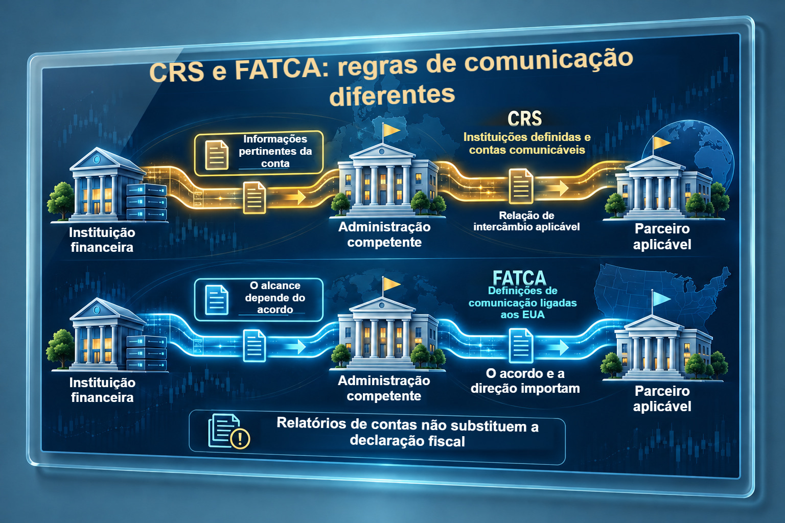 Canais separados CRS e FATCA ligado aos EUA, com definições diferentes e direções dependentes do acordo.