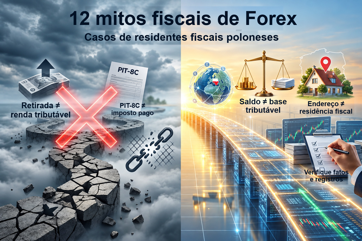 Quatro distinções entre retiradas, imposto pago, saldos e residência fiscal numa composição dividida entre mitos e registros.