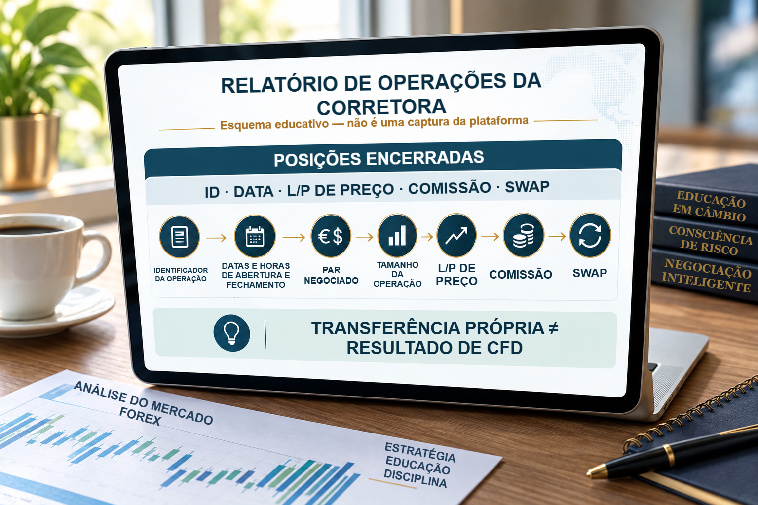 Relatório esquemático com operações encerradas, L/P de preço, comissões separadas e financiamento