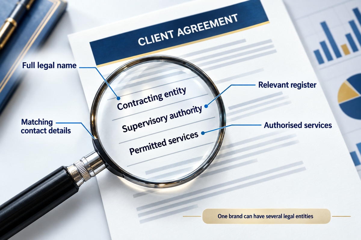 جزء من Client Agreement – قسم باسم الكيان القانوني ورقم الترخيص والاختصاص القضائي