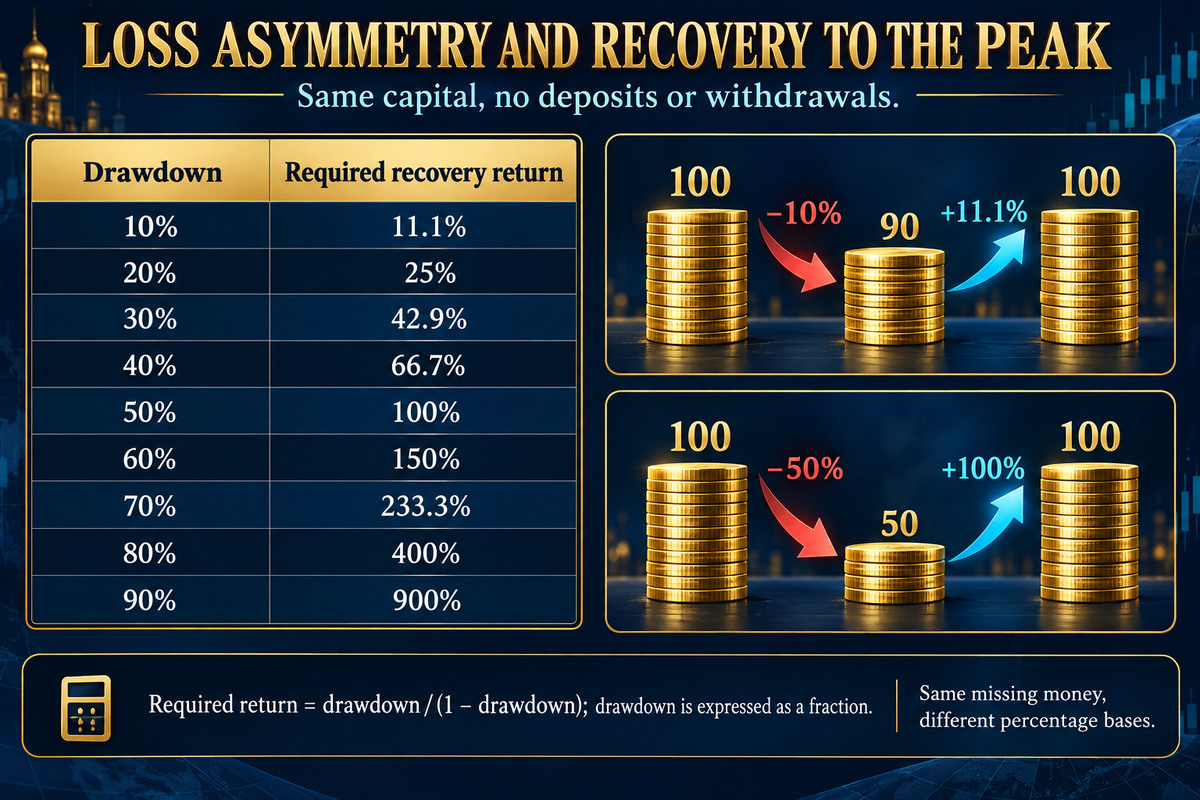 عدم تماثل تعافي سحب رأس المال: 10% تتطلب عائداً قدره 11.1%، و50% تتطلب 100%، و80% تتطلب 400%. العلاقة Z = DD/(1 − DD) متطابقة حسابية تُحسب إجمالاً، فكل قيمة فيها تقدير أدنى – لا تتضمن تكلفة التنفيذ ولا الزمن