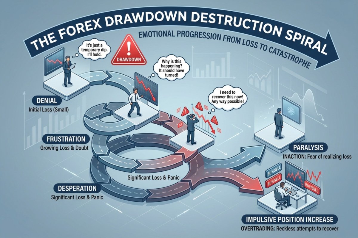 Dos rutas hacia la misma profundidad de drawdown — una racha de perdidas consecutivas y una secuencia mixta; en la medicion de esta seccion (tasa de acierto 45%, riesgo 1%, 200 operaciones, 20.000 trayectorias) una profundidad del 15% se alcanza en el 14,7% de las trayectorias, y la racha por si sola representa no mas de 0,3 puntos porcentuales; el umbral de parada no distingue que ruta tomo la cuenta; aqui no hay revenge trading ni espiral de comportamiento — ambas rutas son secuencias de operaciones con parametros dados