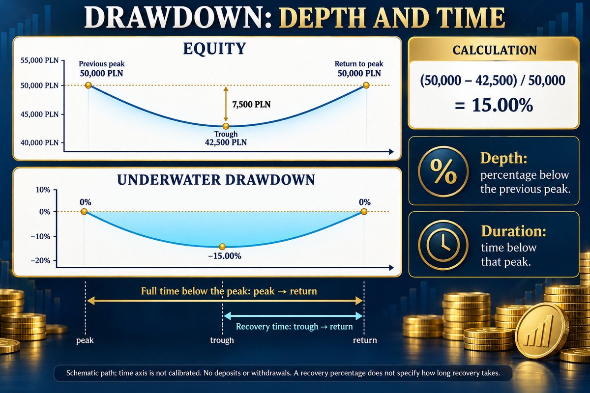 Curva de equity con los drawdowns marcados y el grafico bajo el agua correspondiente — drawdown como porcentaje del ultimo peak a lo largo del tiempo; valores ilustrativos, cuenta en PLN