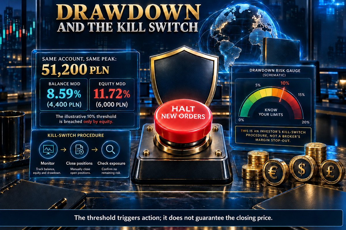 Drawdown de equity medido con dos definiciones sobre una misma trayectoria de cuenta, junto con la condicion de parada del trading escrita de antemano