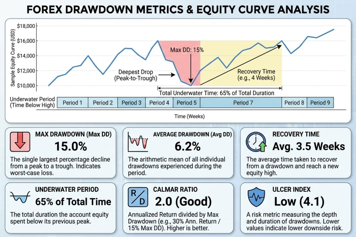 Medidas del drawdown sobre una trayectoria — drawdown maximo y medio, tiempo de recuperacion, periodo bajo el agua, el ratio de Calmar y el indice de Ulcer; valores ilustrativos, base: equity peak