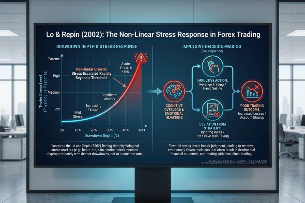 El drawdown de equity como magnitud leida de la cuenta — profundidad desde el peak y numero de operaciones desde el ultimo peak; a una tasa de acierto del 45% y riesgo del 1% del equity una racha mas larga tipica de nueve perdidas da 8,65%; el grafico no muestra ni el estado ni el comportamiento del trader — eso pertenece a la seccion 10 del curso, no a esta medicion