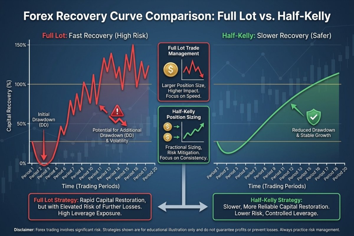 Recuperando un drawdown del 15% a dos tamanos de riesgo por operacion — 41 operaciones al 1% del equity frente a 81 al 0,5%, con esperanza de +0,4R tomada como constante; la reduccion de exposicion aqui es una decision operativa y no un resultado de un criterio de dimensionamiento de posicion, y no es una fraccion de Kelly — el criterio de Kelly no contiene ninguna regla para cambiar la exposicion tras un drawdown (seccion 8)