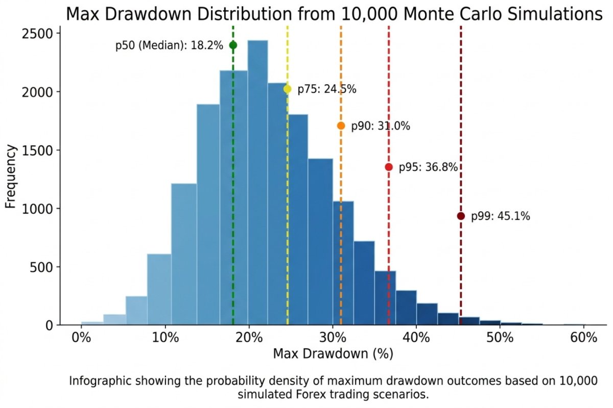 La distribucion del mayor drawdown de una simulacion sobre 200 operaciones con los cuantiles p50, p75, p90, p95 y p99 marcados — valores ilustrativos; un cuantil no es el peor caso