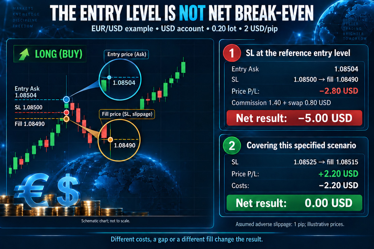 Mover la salida al nivel de entrada tras un movimiento de +30 pips – un retroceso dentro de la volatilidad ordinaria cierra la posición antes de que el movimiento continúe; valores ilustrativos para una posición larga en EUR/USD