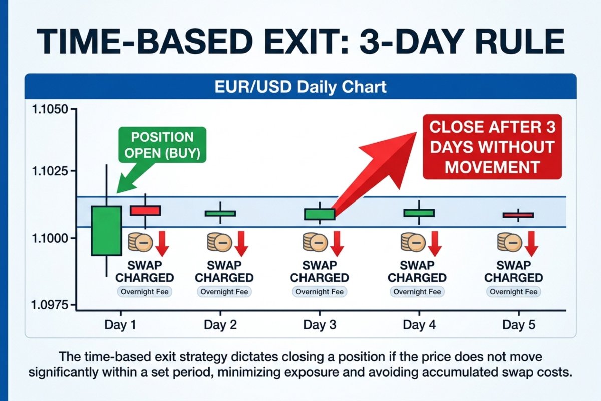 Cerrar a tiempo – una posición sin resolución durante cinco días, precio en un rango estrecho, puntos swap acumulados cada día; el umbral de tiempo y la definición de sin movimiento escritos antes de la entrada